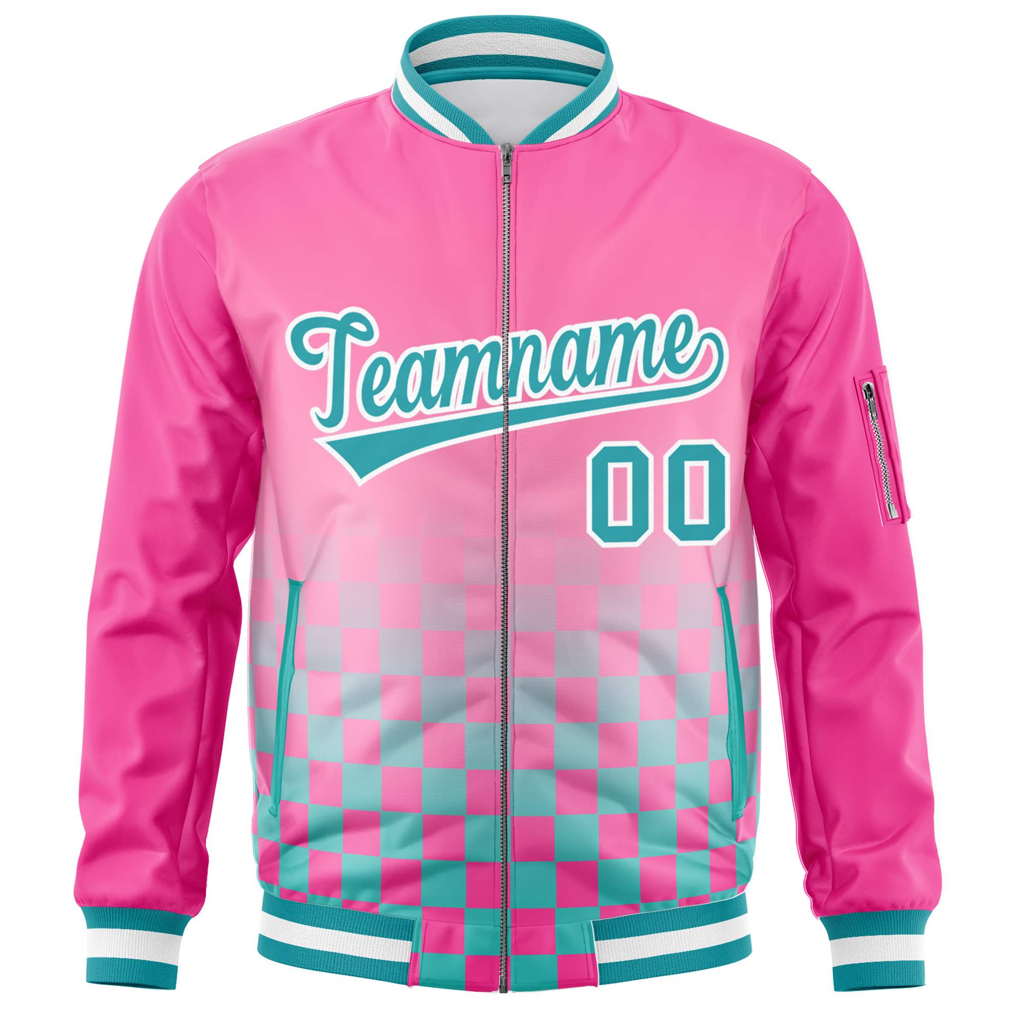 Custom Pink Aqua-White Grid Varsity Full-Zip Color Block Letterman Bomber Jacket