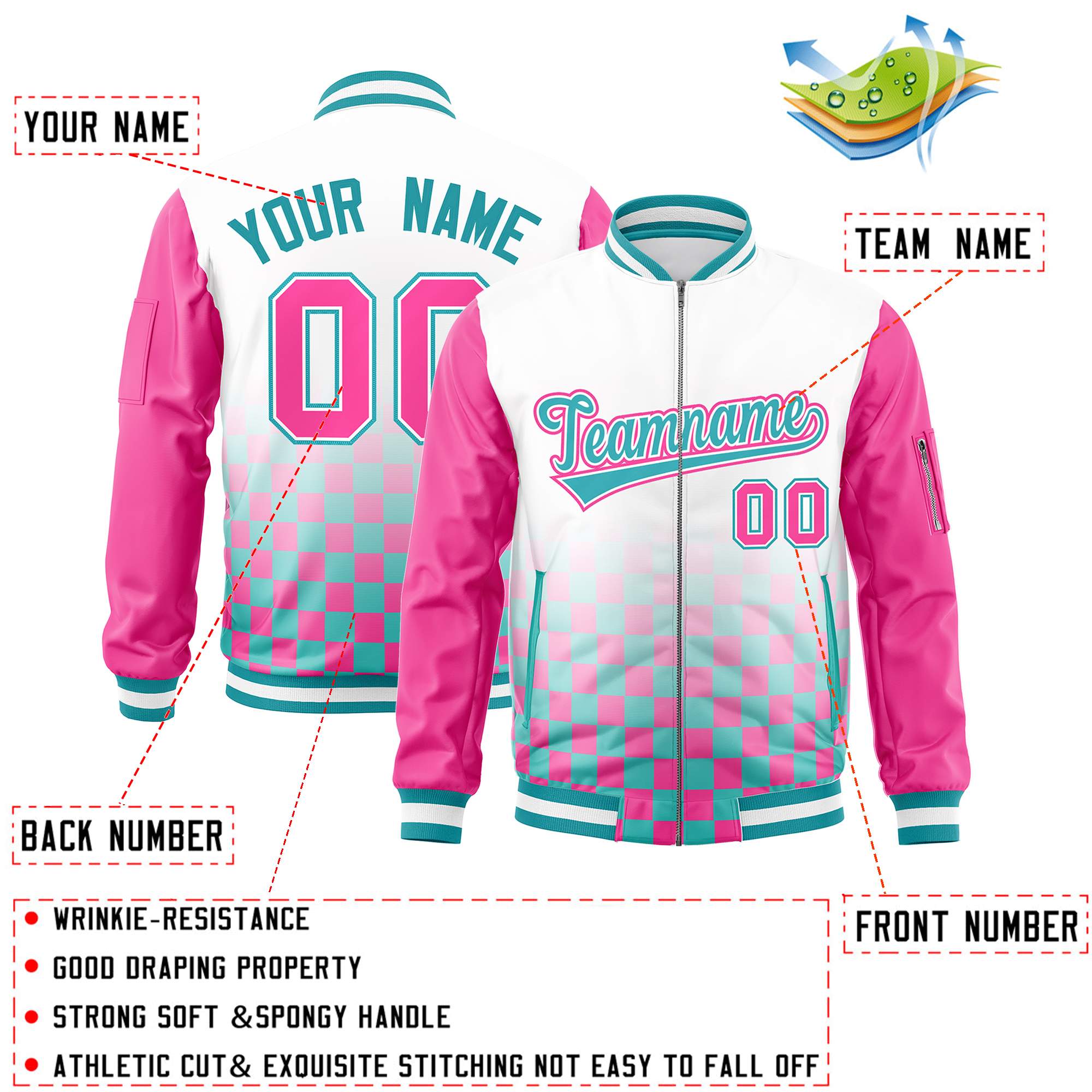 Custom White Aqua-Pink Grid Varsity Full-Zip Color Block Letterman Raglan Sleeve Jacket