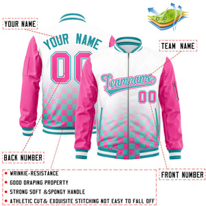 Custom White Aqua-Pink Grid Varsity Full-Zip Color Block Letterman Raglan Sleeve Jacket