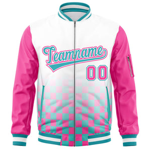 Custom White Aqua-Pink Grid Varsity Full-Zip Color Block Letterman Raglan Sleeve Jacket