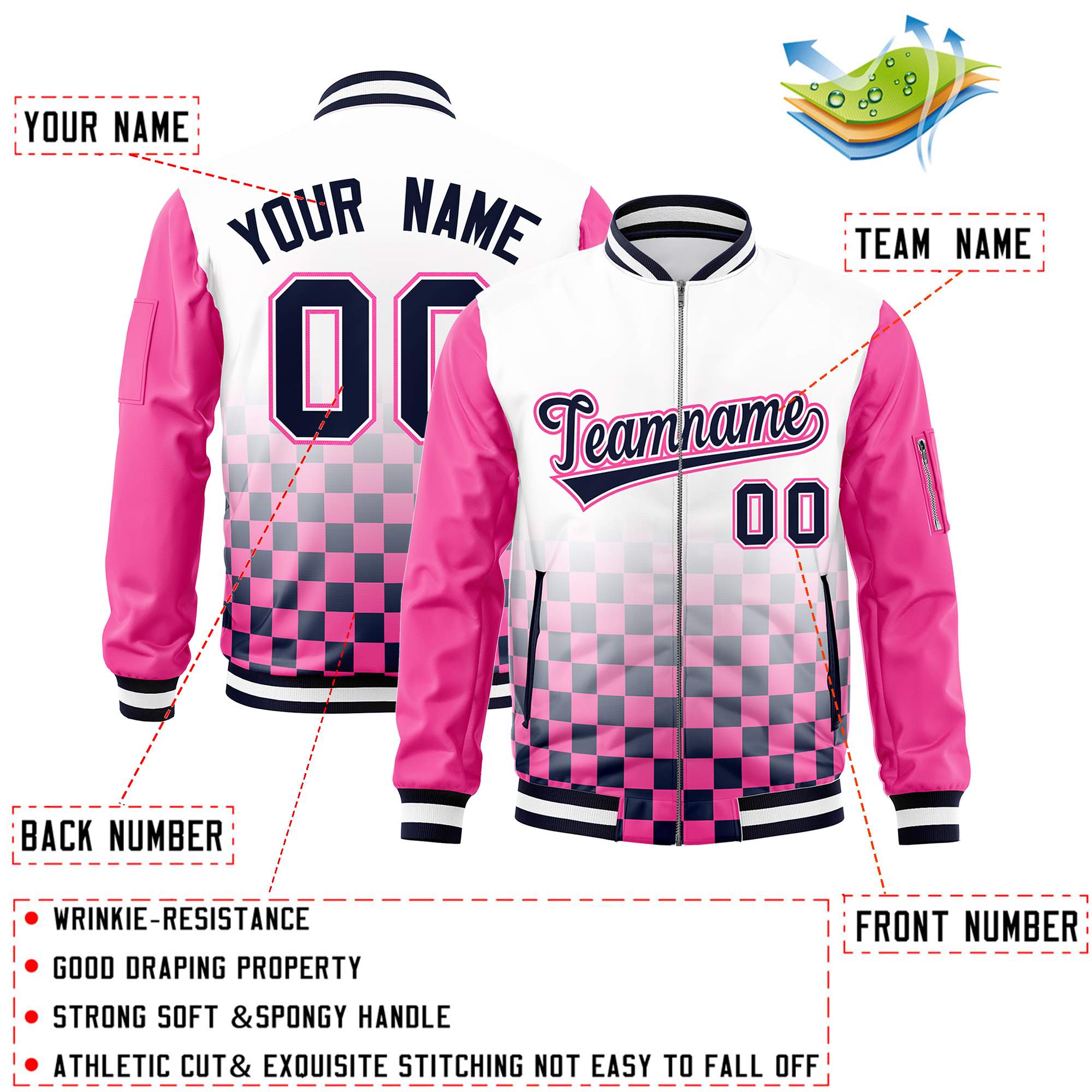 Custom White Navy-Pink Grid Varsity Full-Zip Color Block Letterman Raglan Sleeve Jacket