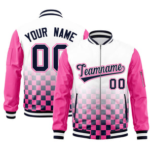 Custom White Navy-Pink Grid Varsity Full-Zip Color Block Letterman Raglan Sleeve Jacket