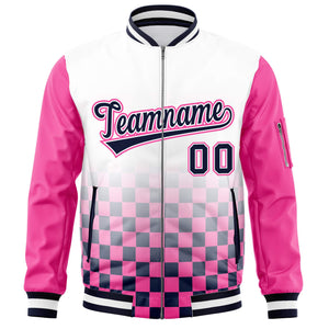 Custom White Navy-Pink Grid Varsity Full-Zip Color Block Letterman Raglan Sleeve Jacket