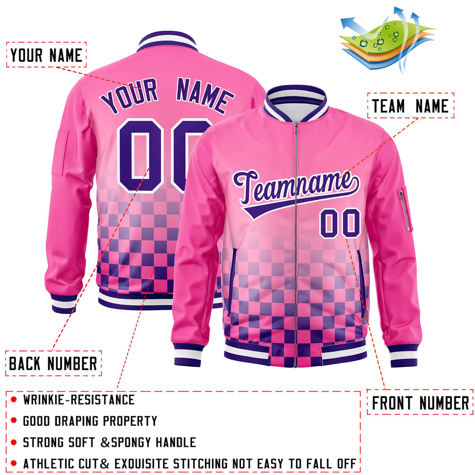 Custom Pink Purple-White Grid Varsity Full-Zip Color Block Letterman Bomber Jacket