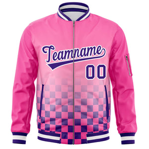 Custom Pink Purple-White Grid Varsity Full-Zip Color Block Letterman Bomber Jacket