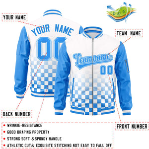 Custom White Powder Blue Grid Varsity Full-Zip Color Block Letterman Raglan Sleeve Jacket