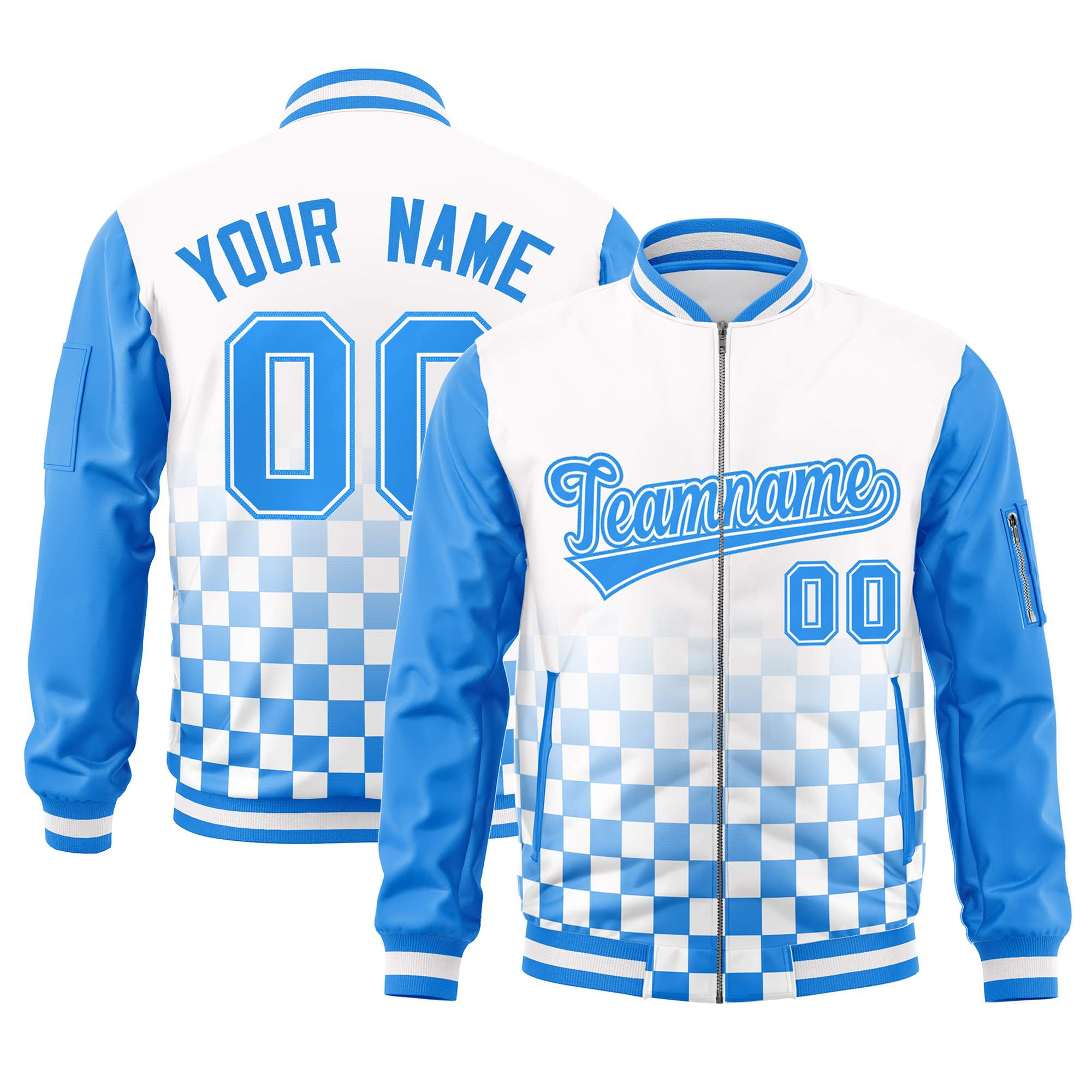 Custom White Powder Blue Grid Varsity Full-Zip Color Block Letterman Raglan Sleeve Jacket