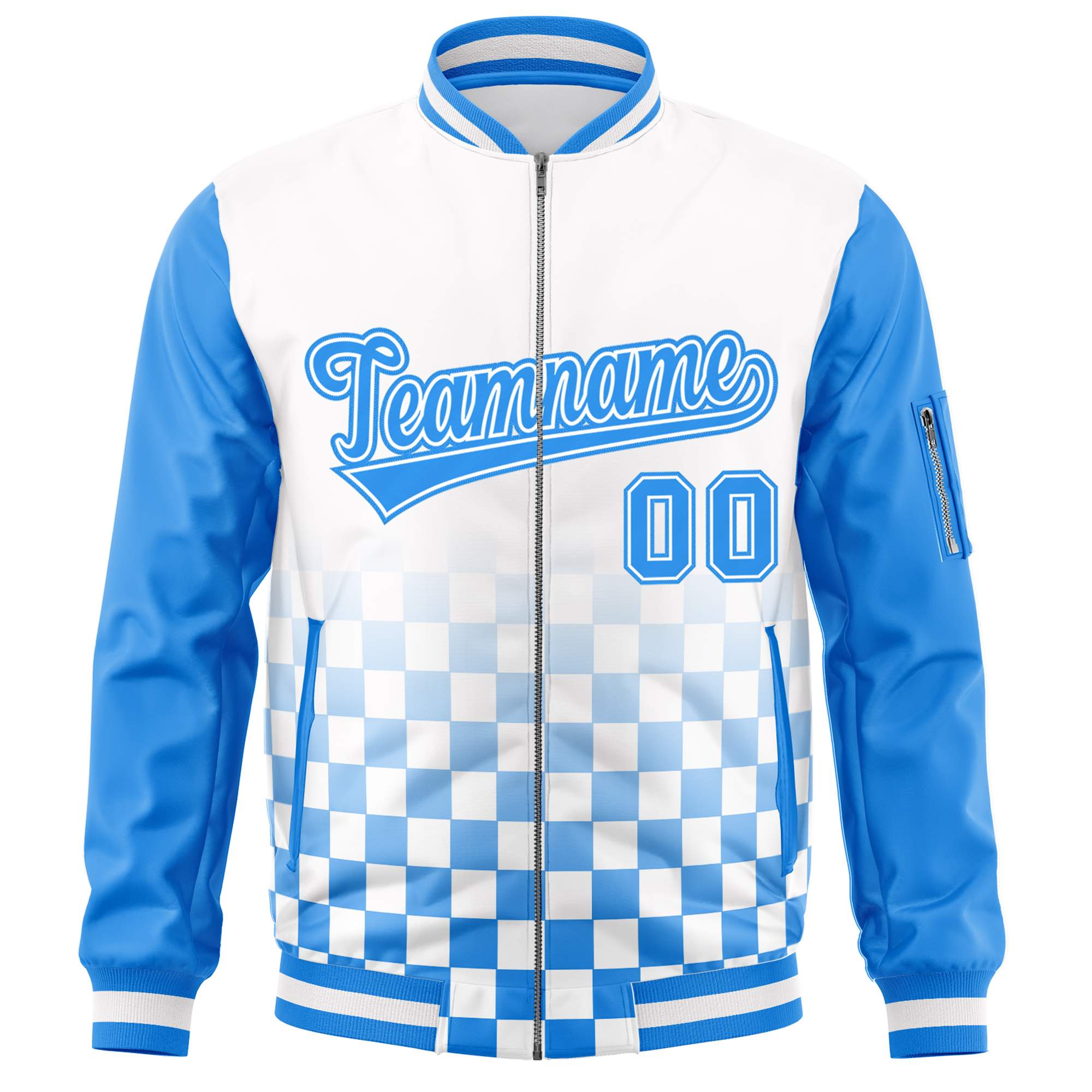 Custom White Powder Blue Grid Varsity Full-Zip Color Block Letterman Raglan Sleeve Jacket