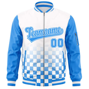 Custom White Powder Blue Grid Varsity Full-Zip Color Block Letterman Raglan Sleeve Jacket