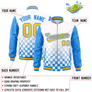 Custom White Gold-Powder Blue Grid Varsity Full-Zip Color Block Letterman Raglan Sleeve Jacket