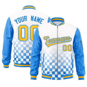 Custom White Gold-Powder Blue Grid Varsity Full-Zip Color Block Letterman Raglan Sleeve Jacket