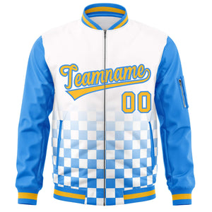 Custom White Gold-Powder Blue Grid Varsity Full-Zip Color Block Letterman Raglan Sleeve Jacket