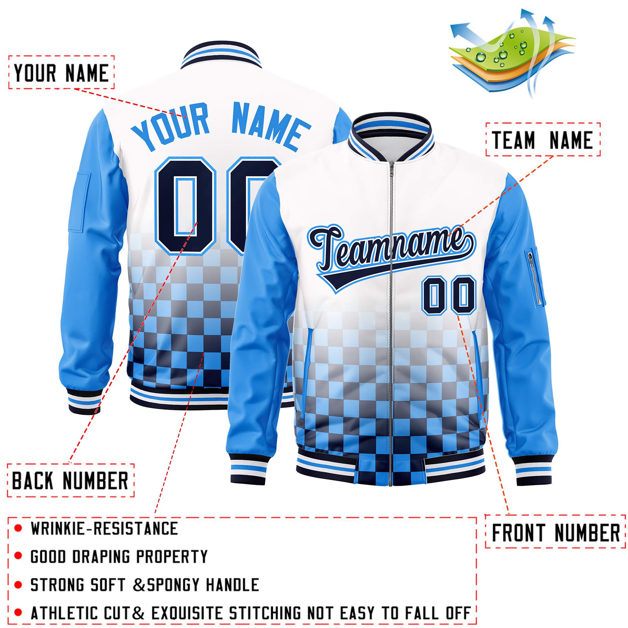 Custom White Navy-Powder Blue Grid Varsity Full-Zip Color Block Letterman Raglan Sleeve Jacket