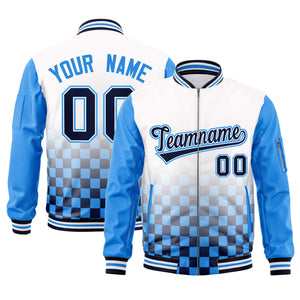 Custom White Navy-Powder Blue Grid Varsity Full-Zip Color Block Letterman Raglan Sleeve Jacket