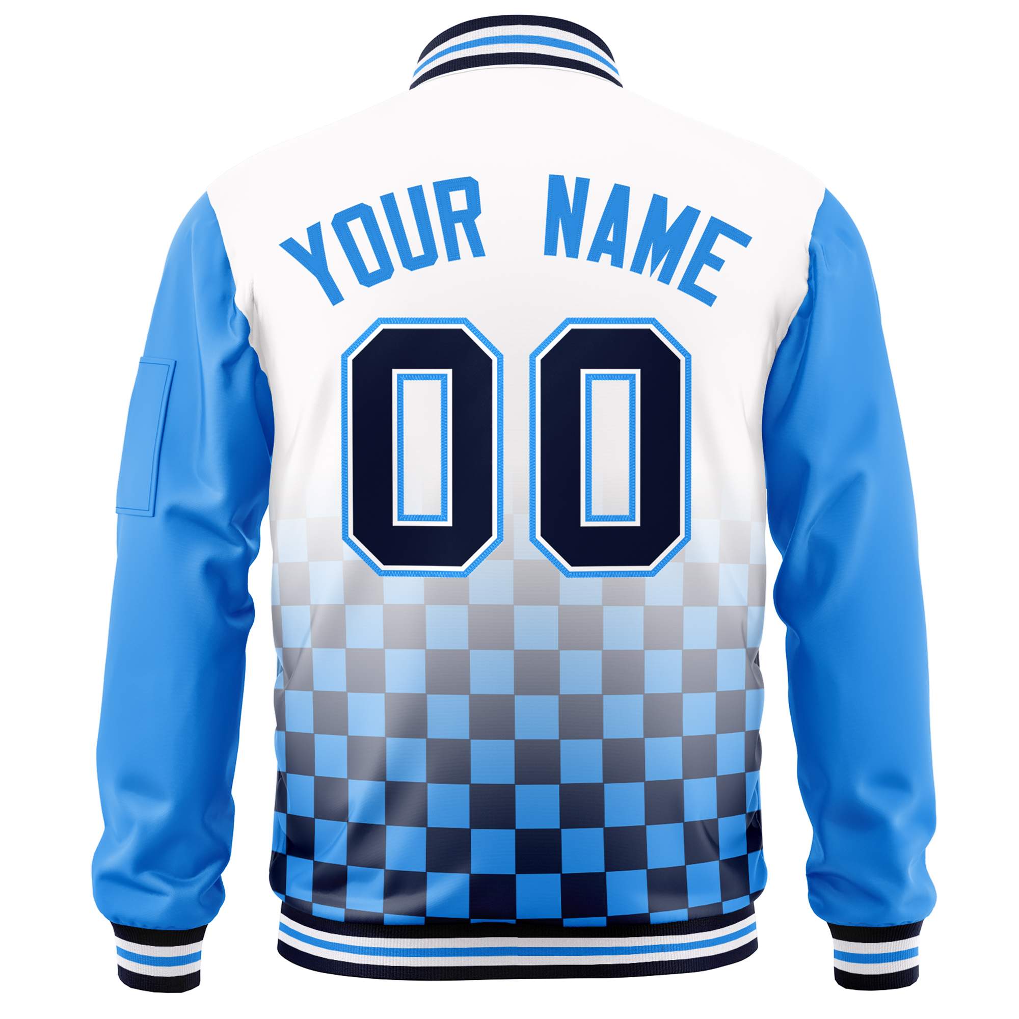 Custom White Navy-Powder Blue Grid Varsity Full-Zip Color Block Letterman Raglan Sleeve Jacket