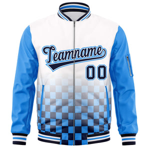 Custom White Navy-Powder Blue Grid Varsity Full-Zip Color Block Letterman Raglan Sleeve Jacket