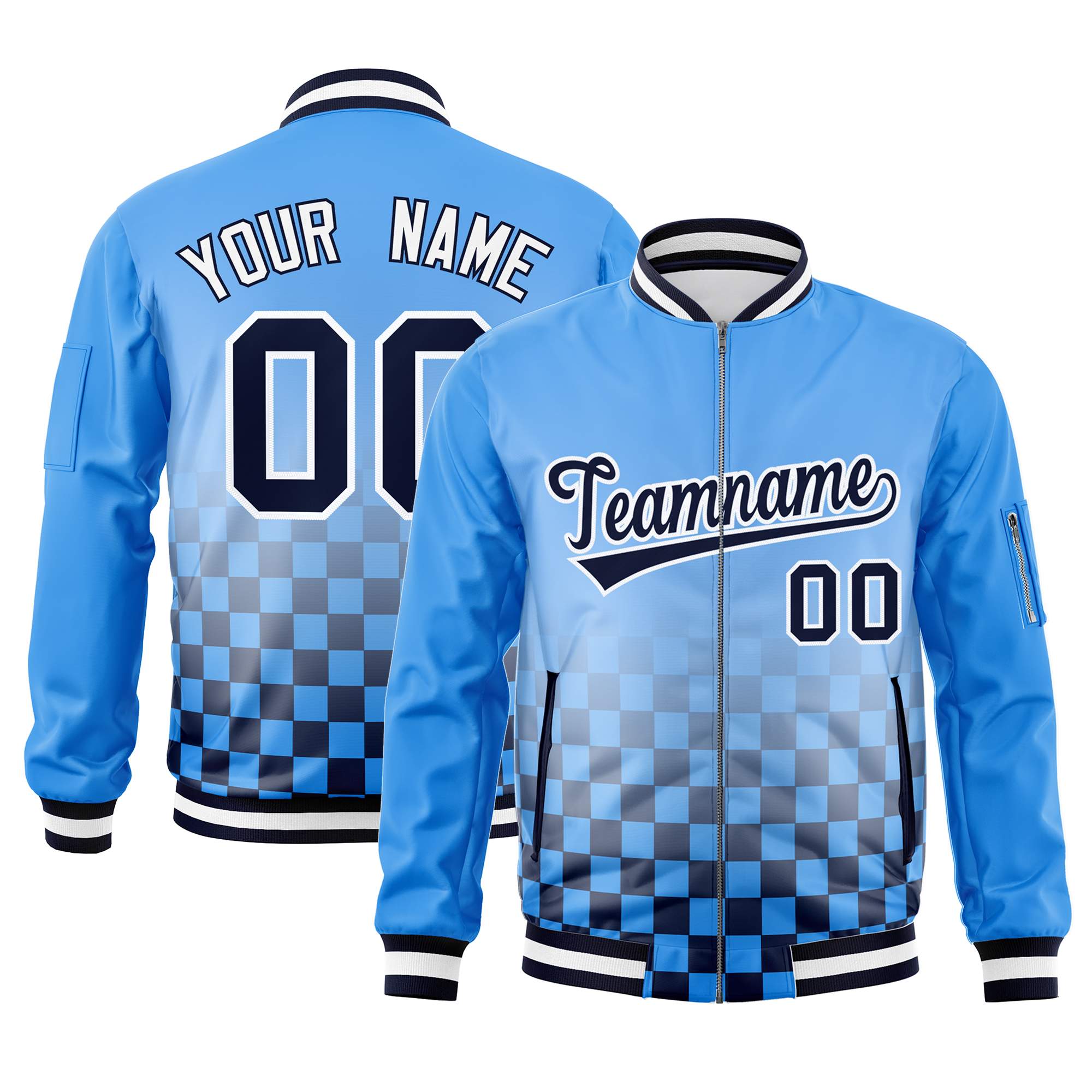 Custom Powder Blue Navy-White Grid Varsity Full-Zip Color Block Letterman Bomber Jacket