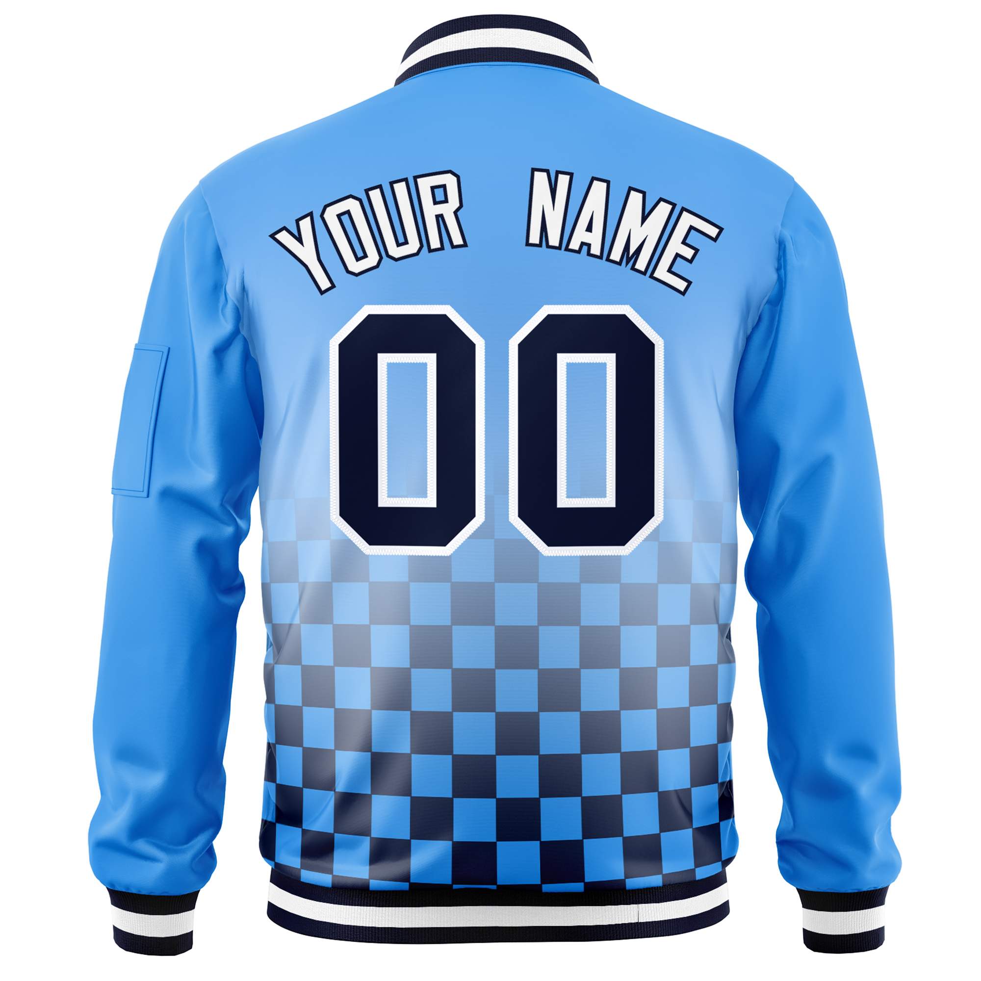 Custom Powder Blue Navy-White Grid Varsity Full-Zip Color Block Letterman Bomber Jacket