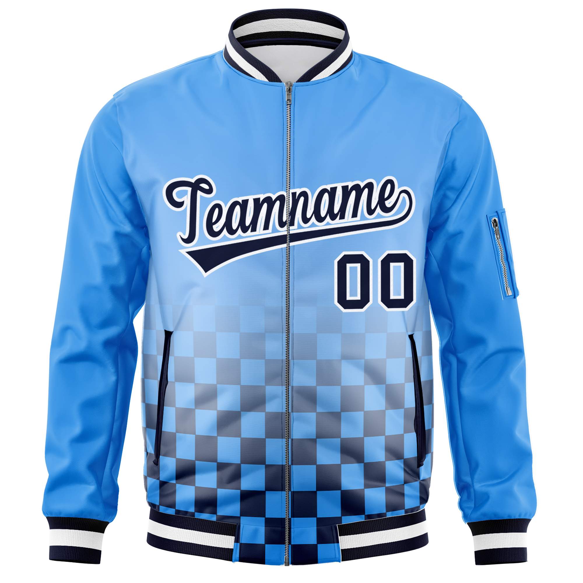 Custom Powder Blue Navy-White Grid Varsity Full-Zip Color Block Letterman Bomber Jacket