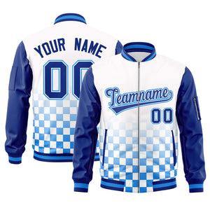 Custom White Royal-Powder Blue Grid Varsity Full-Zip Color Block Letterman Raglan Sleeve Jacket