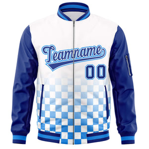 Custom White Royal-Powder Blue Grid Varsity Full-Zip Color Block Letterman Raglan Sleeve Jacket