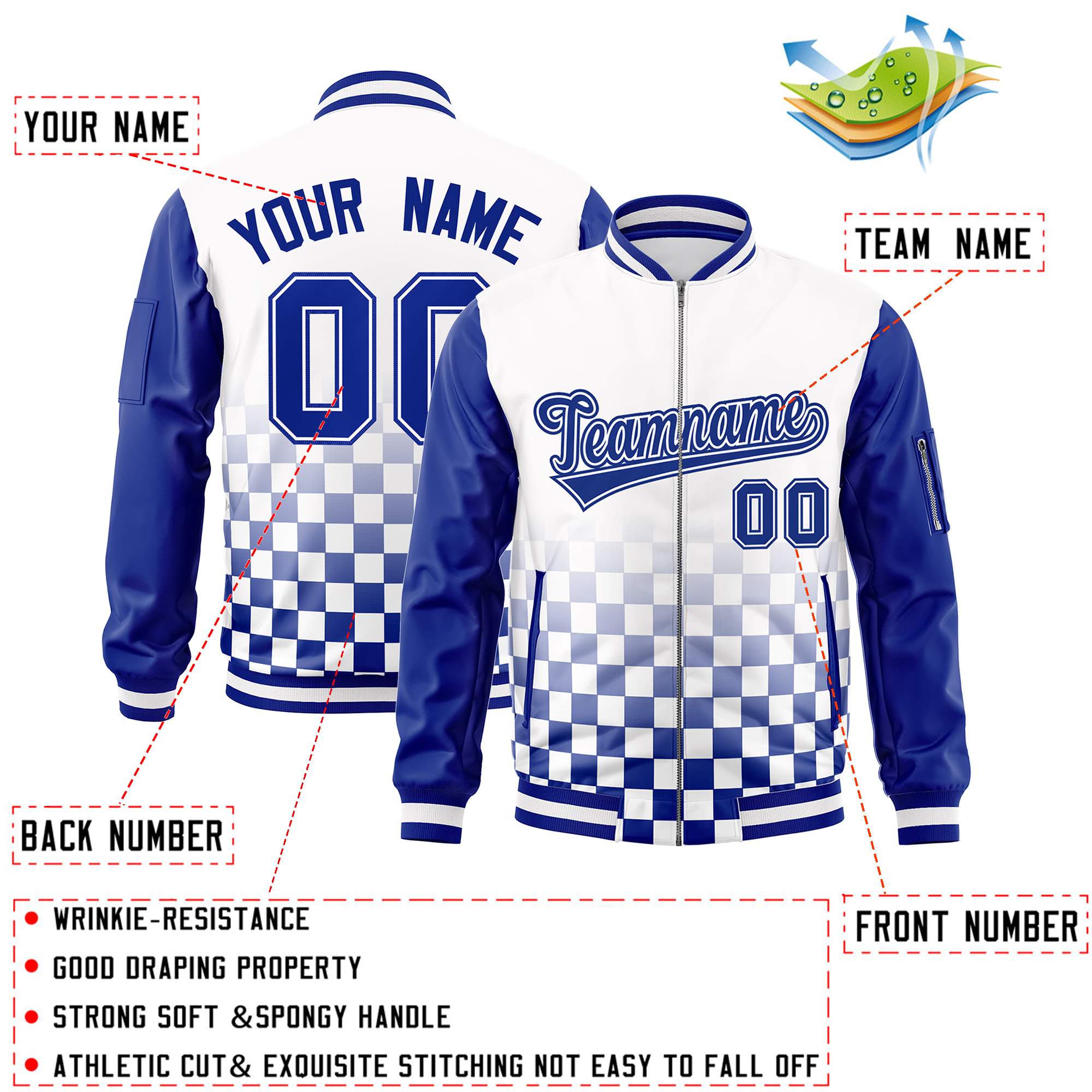 Custom White Royal Grid Varsity Full-Zip Color Block Letterman Raglan Sleeve Jacket