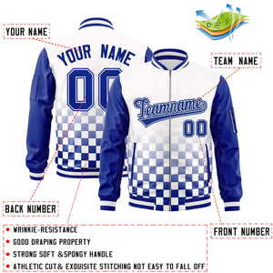 Custom White Royal Grid Varsity Full-Zip Color Block Letterman Raglan Sleeve Jacket