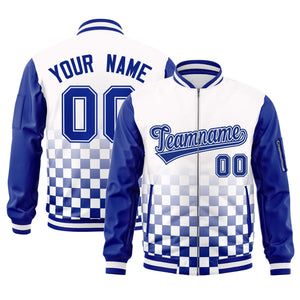 Custom White Royal Grid Varsity Full-Zip Color Block Letterman Raglan Sleeve Jacket