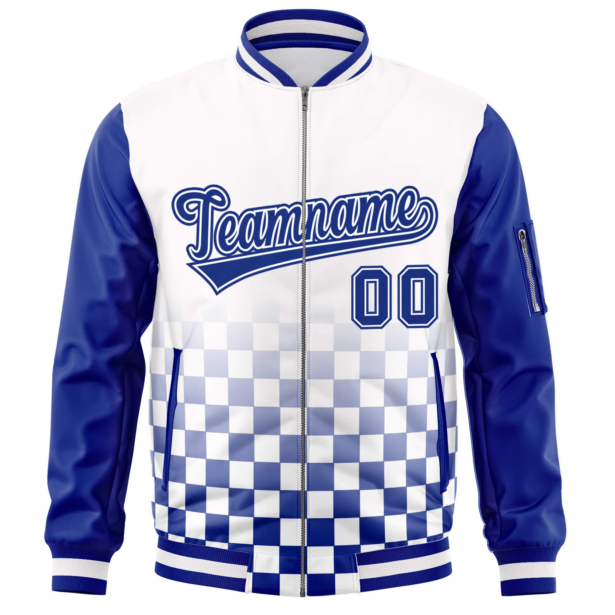 Custom White Royal Grid Varsity Full-Zip Color Block Letterman Raglan Sleeve Jacket