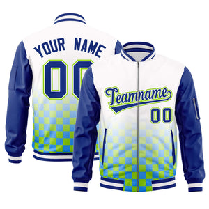 Custom White Royal-Neon Green Grid Varsity Full-Zip Color Block Letterman Raglan Sleeve Jacket