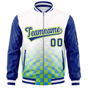 Custom White Royal-Neon Green Grid Varsity Full-Zip Color Block Letterman Raglan Sleeve Jacket