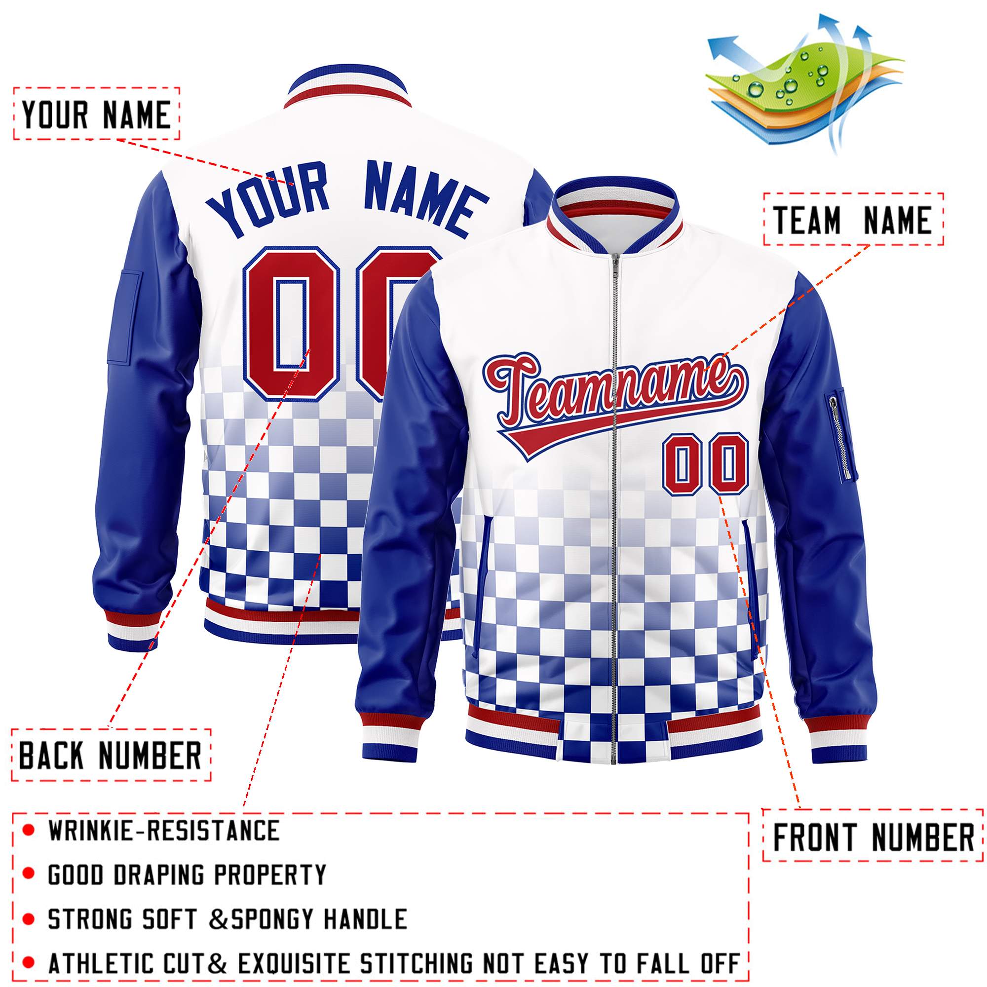 Custom White Red-Royal Grid Varsity Full-Zip Color Block Letterman Raglan Sleeve Jacket