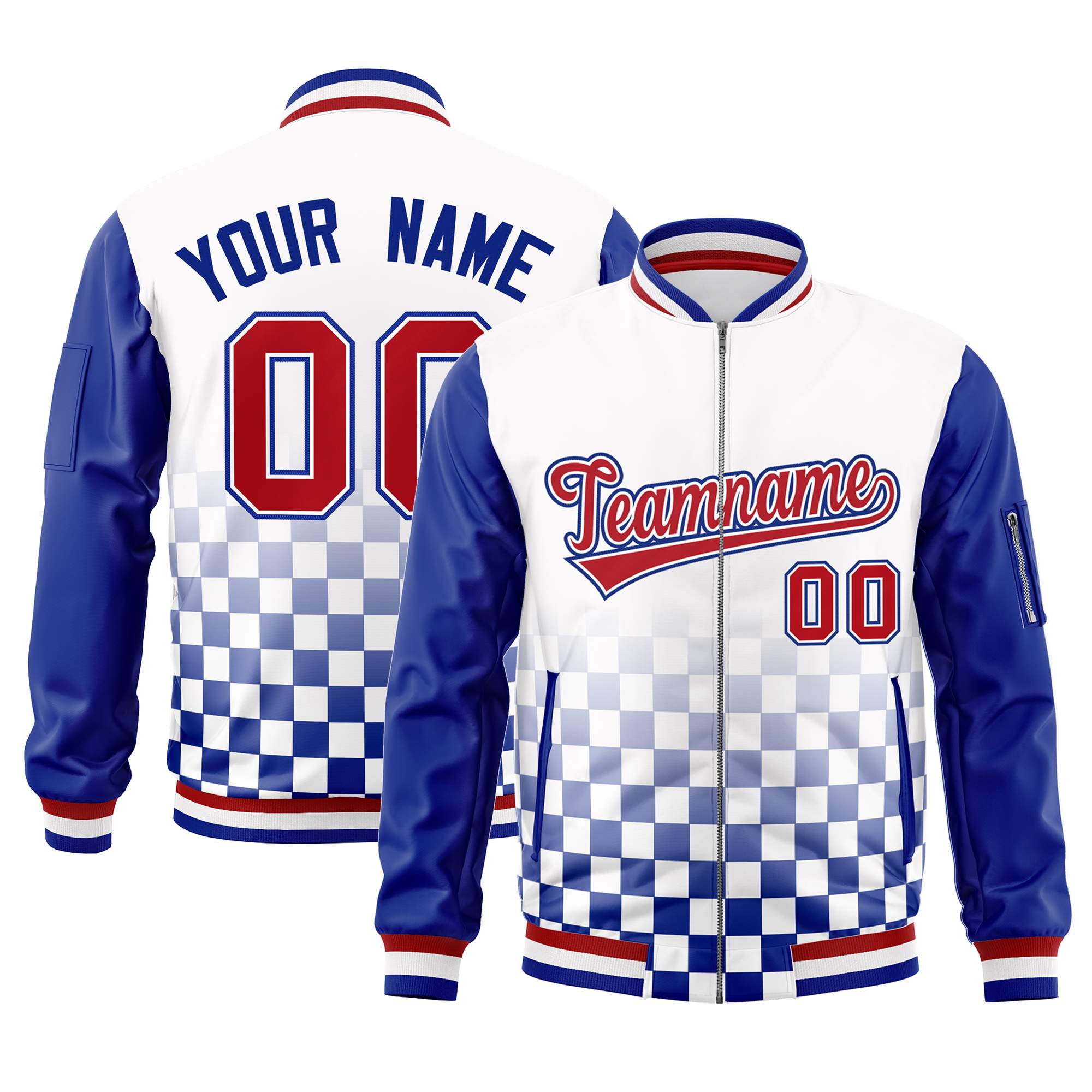 Custom White Red-Royal Grid Varsity Full-Zip Color Block Letterman Raglan Sleeve Jacket