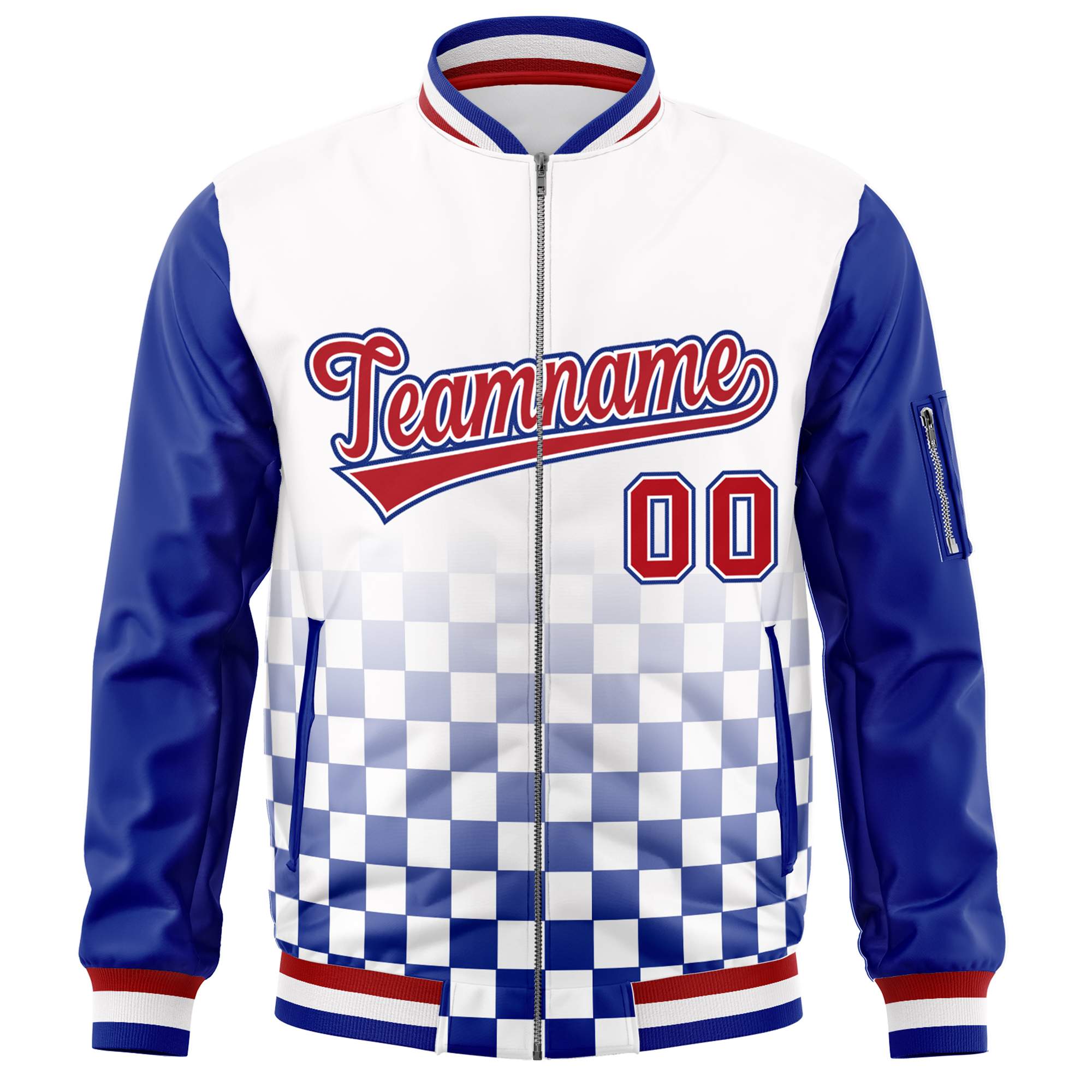 Custom White Red-Royal Grid Varsity Full-Zip Color Block Letterman Raglan Sleeve Jacket