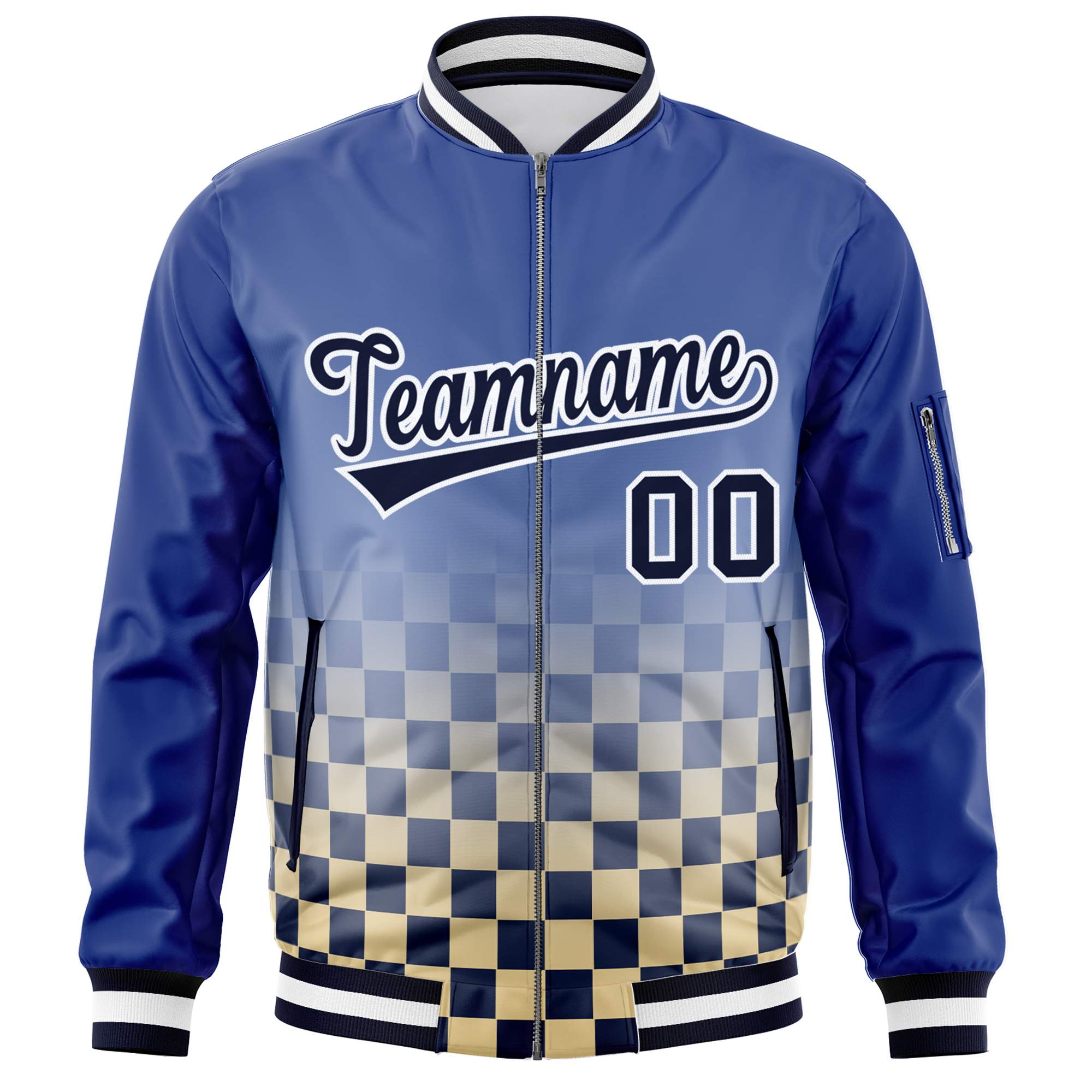 Custom Royal Navy-White Grid Varsity Full-Zip Color Block Letterman Bomber Jacket