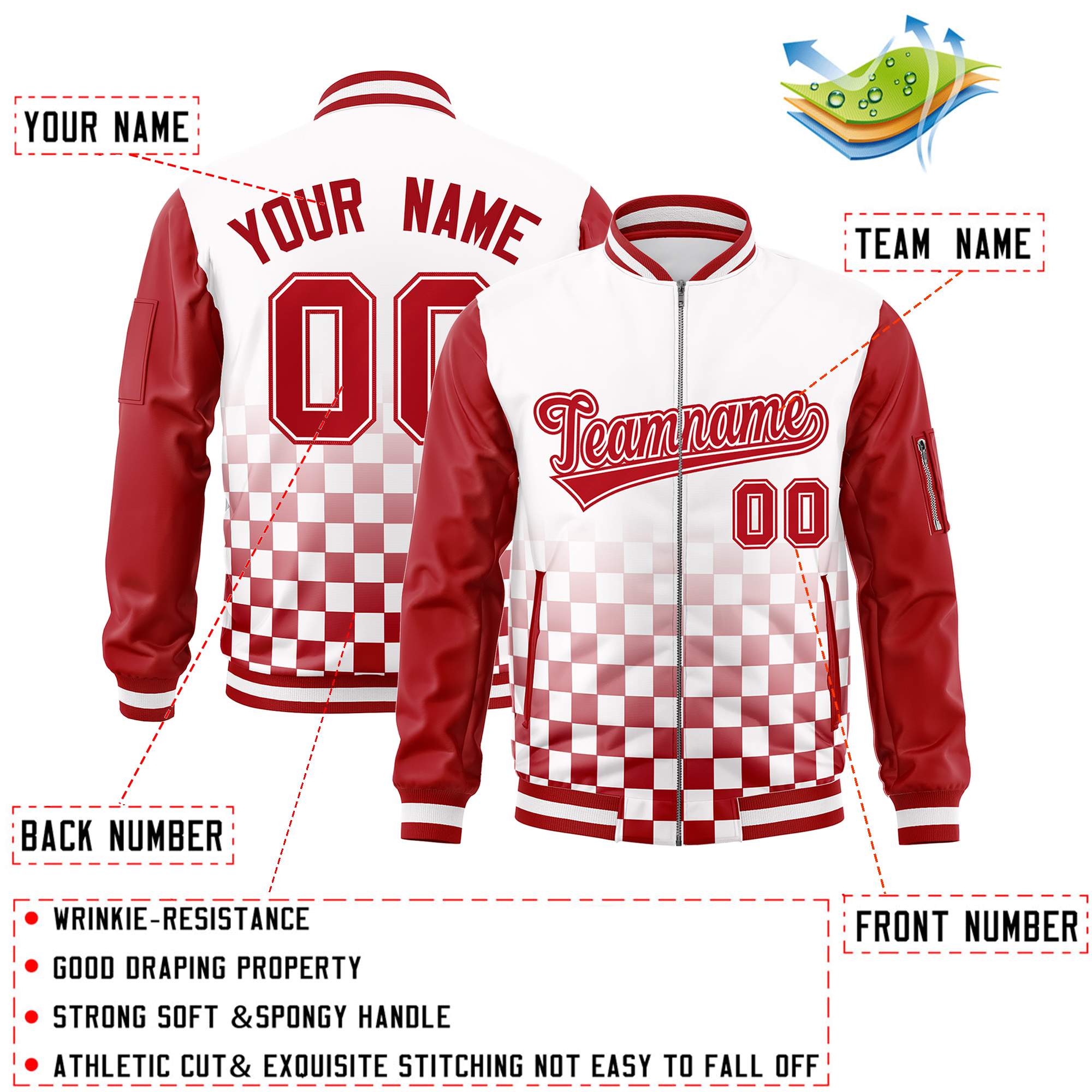 Custom White Red Grid Varsity Full-Zip Color Block Letterman Raglan Sleeve Jacket