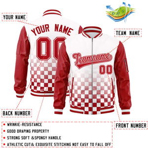 Custom White Red Grid Varsity Full-Zip Color Block Letterman Raglan Sleeve Jacket