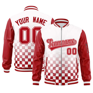 Custom White Red Grid Varsity Full-Zip Color Block Letterman Raglan Sleeve Jacket