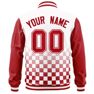 Custom White Red Grid Varsity Full-Zip Color Block Letterman Raglan Sleeve Jacket