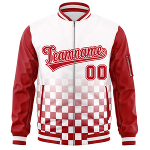 Custom White Red Grid Varsity Full-Zip Color Block Letterman Raglan Sleeve Jacket