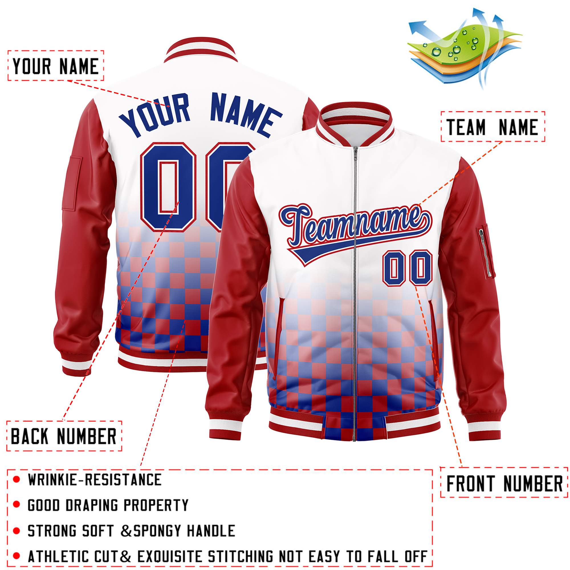 Custom White Royal-Red Grid Varsity Full-Zip Color Block Letterman Raglan Sleeve Jacket