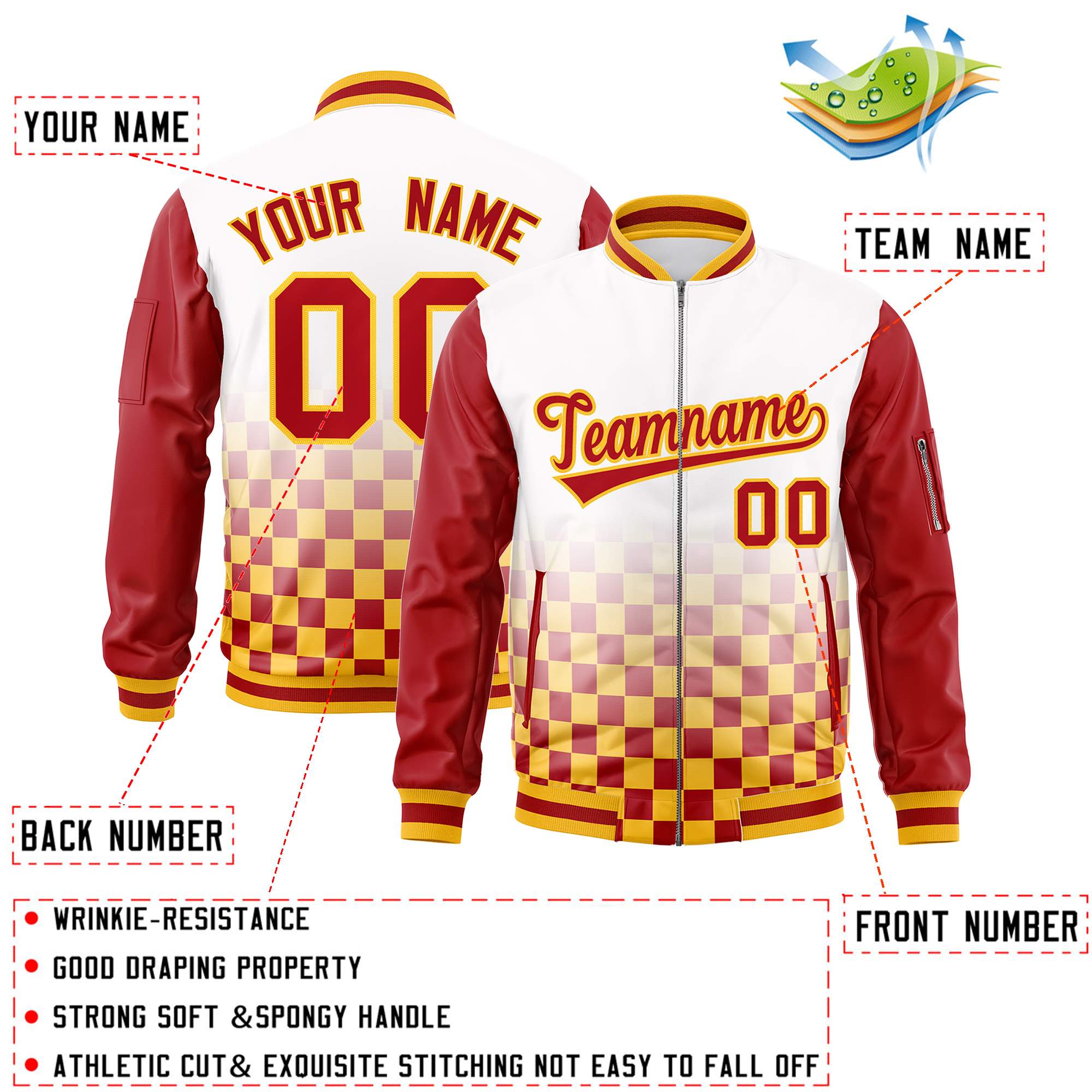 Custom White Red-Gold Grid Varsity Full-Zip Color Block Letterman Raglan Sleeve Jacket