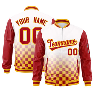 Custom White Red-Gold Grid Varsity Full-Zip Color Block Letterman Raglan Sleeve Jacket