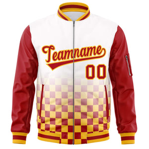 Custom White Red-Gold Grid Varsity Full-Zip Color Block Letterman Raglan Sleeve Jacket