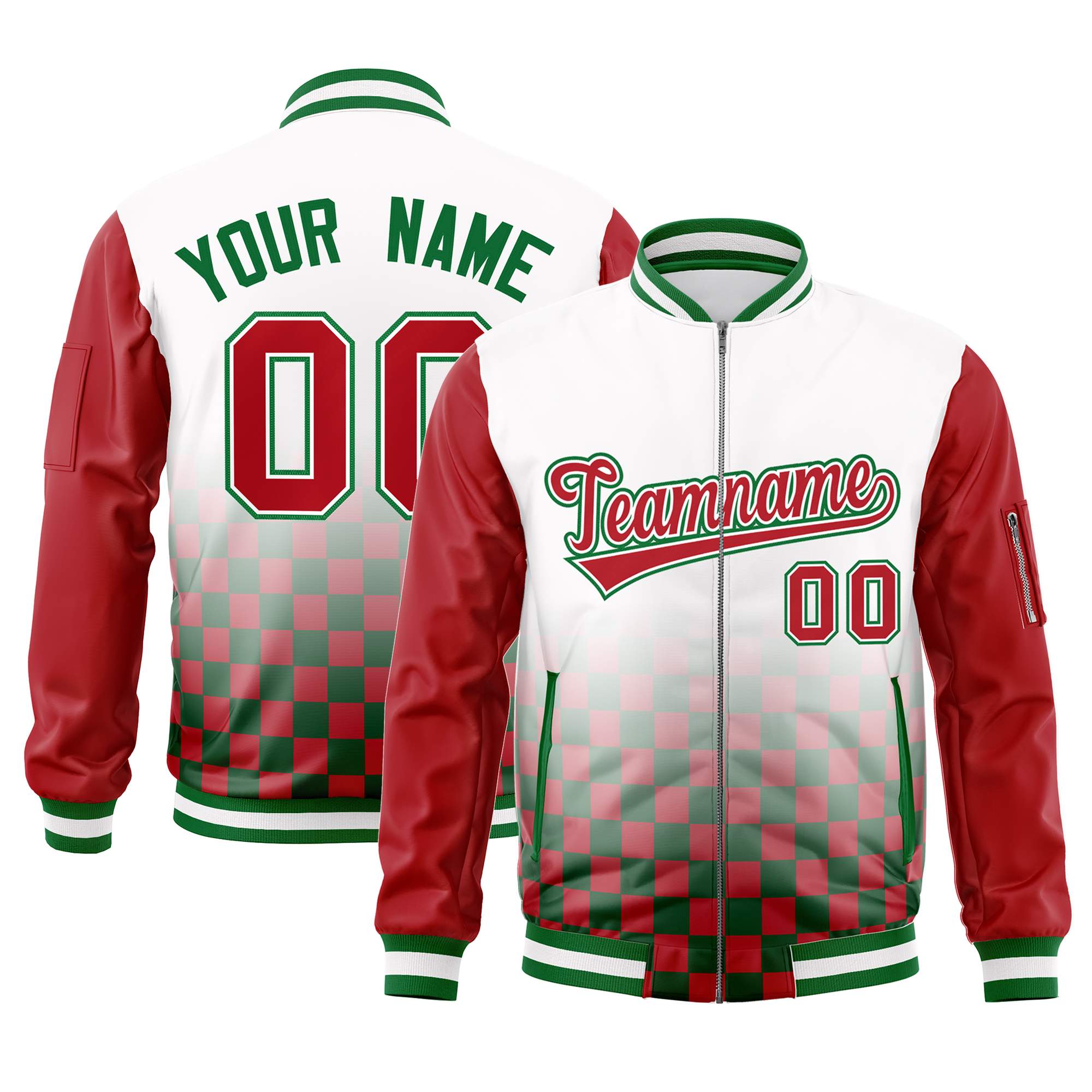 Custom White Red-Kelly Green Grid Varsity Full-Zip Color Block Letterman Raglan Sleeve Jacket