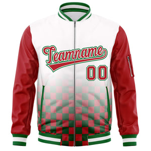 Custom White Red-Kelly Green Grid Varsity Full-Zip Color Block Letterman Raglan Sleeve Jacket