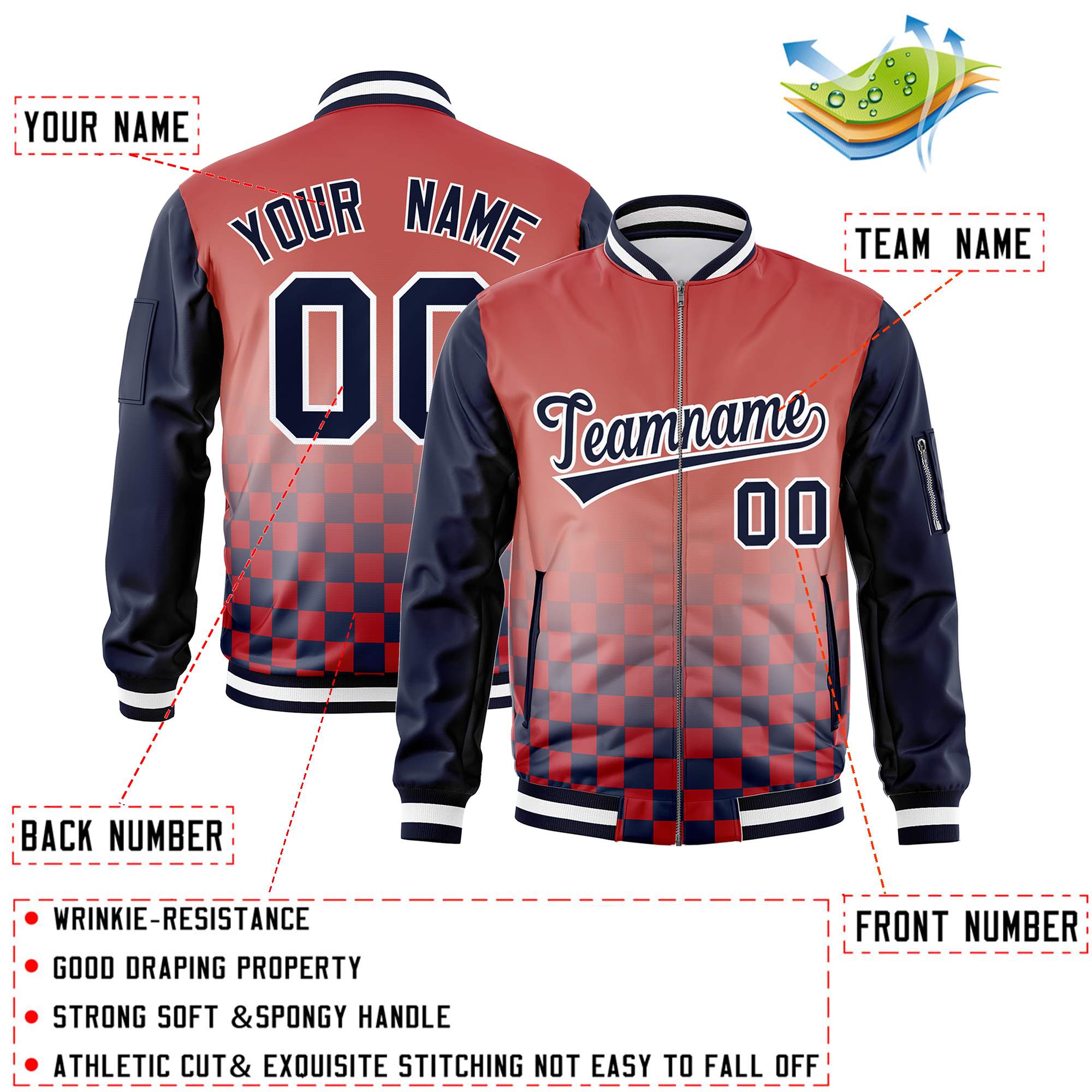 Custom Red Navy-White Grid Varsity Full-Zip Color Block Letterman Raglan Sleeve Jacket