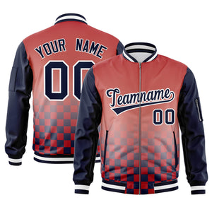 Custom Red Navy-White Grid Varsity Full-Zip Color Block Letterman Raglan Sleeve Jacket