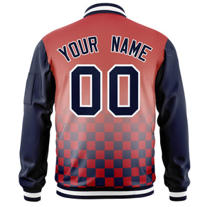 Custom Red Navy-White Grid Varsity Full-Zip Color Block Letterman Raglan Sleeve Jacket