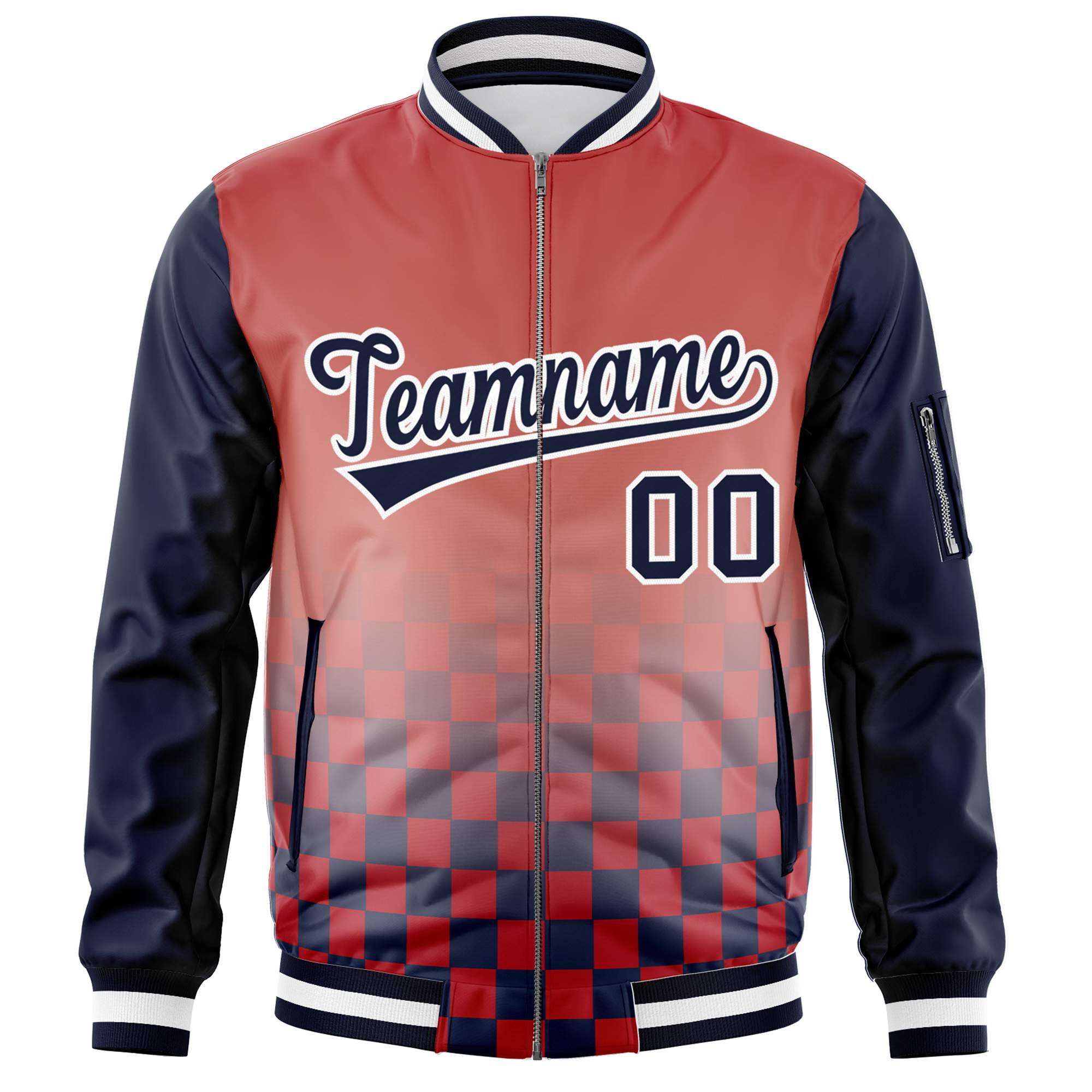 Custom Red Navy-White Grid Varsity Full-Zip Color Block Letterman Raglan Sleeve Jacket